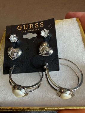 GUESS Silver-Tone Earring Set with Pearl Accent and Crystal Studs